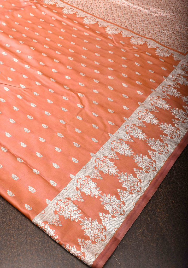 Peach Mashru silk Saree with Floral butis and Zari Border | SILK MARK CERTIFIED