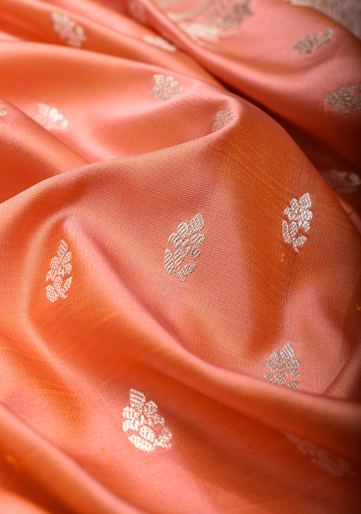 Peach Mashru silk Saree with Floral butis and Zari Border | SILK MARK CERTIFIED