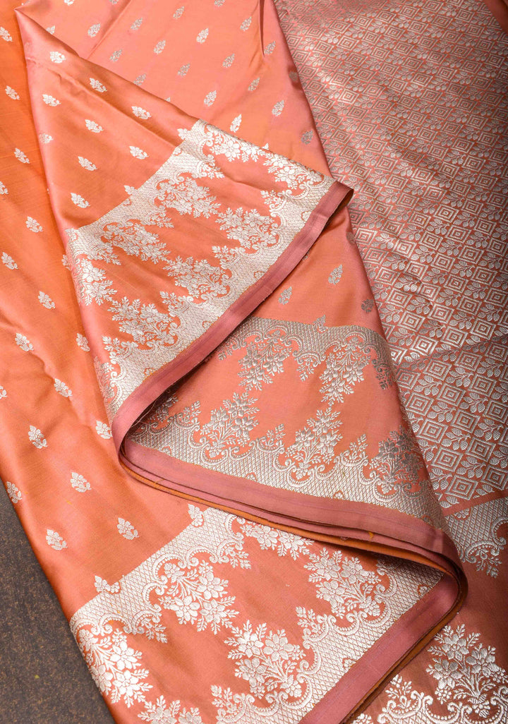 Peach Mashru silk Saree with Floral butis and Zari Border | SILK MARK CERTIFIED