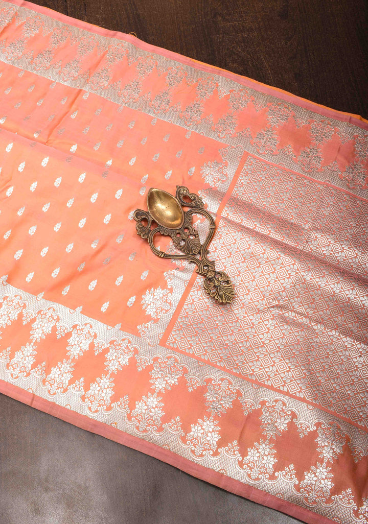 Peach Mashru silk Saree with Floral butis and Zari Border | SILK MARK CERTIFIED