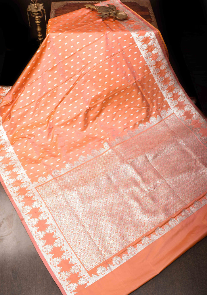 Peach Mashru silk Saree with Floral butis and Zari Border | SILK MARK CERTIFIED
