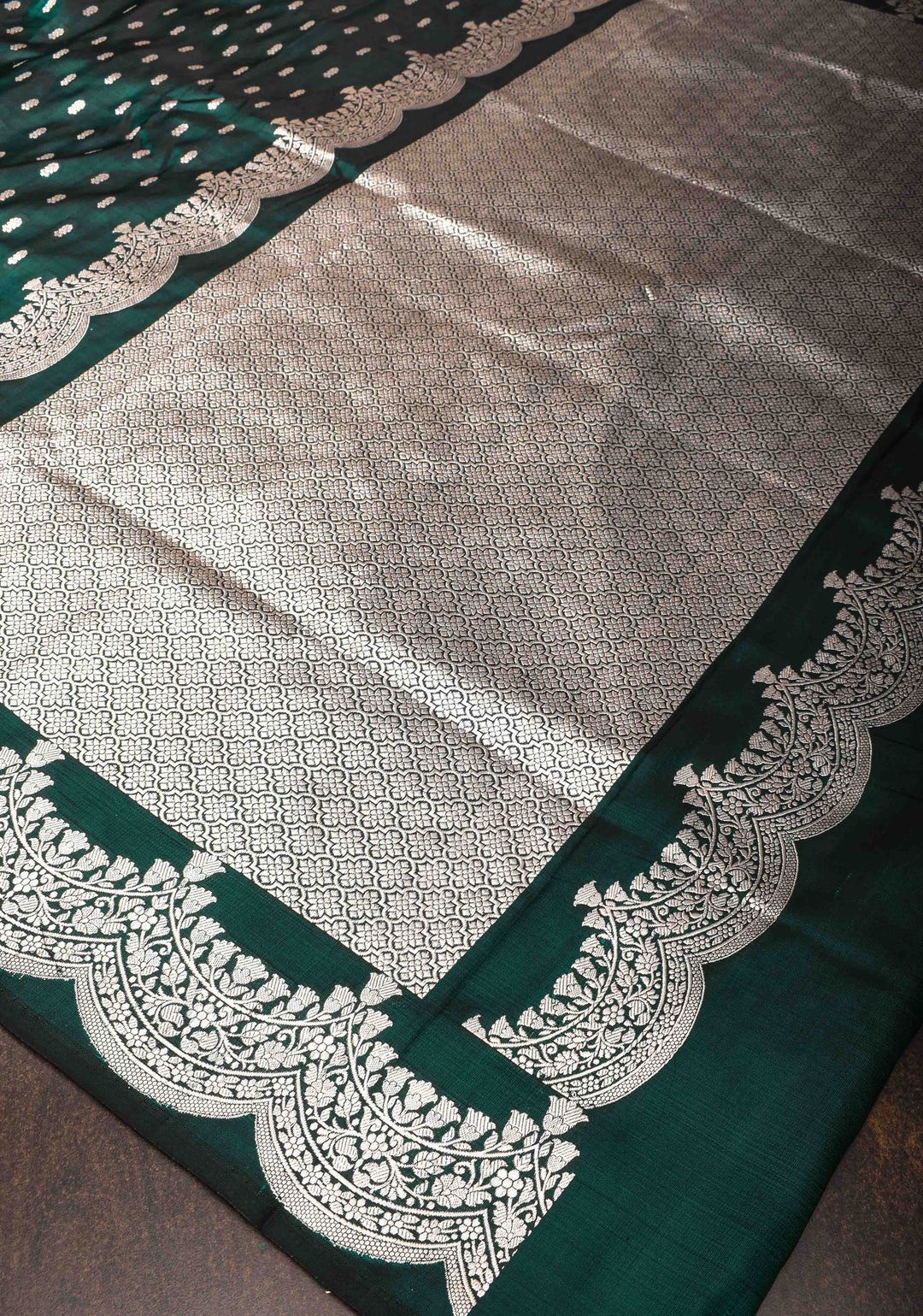 Bottle green Mashru silk with Zari butis and Scallop border | SILK MARK CERTIFIED