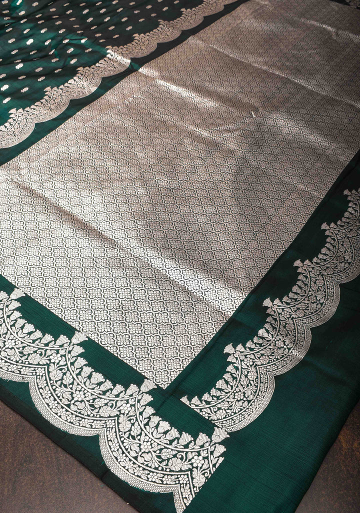 Bottle green Mashru silk with Zari butis and Scallop border | SILK MARK CERTIFIED