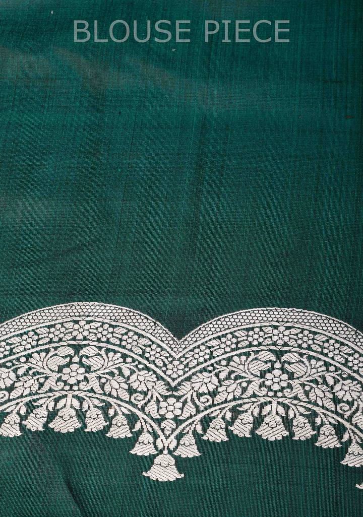 Bottle green Mashru silk with Zari butis and Scallop border | SILK MARK CERTIFIED