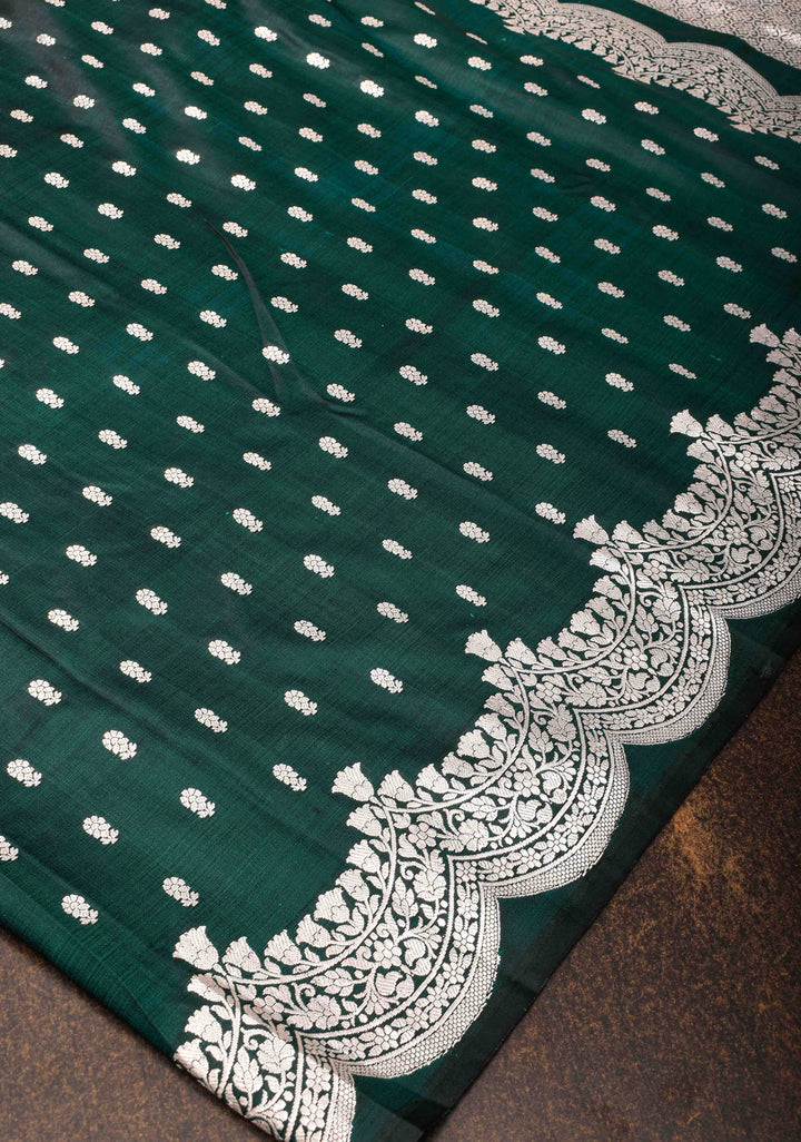 Bottle green Mashru silk with Zari butis and Scallop border | SILK MARK CERTIFIED