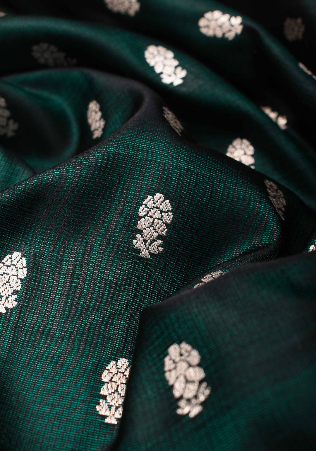 Bottle green Mashru silk with Zari butis and Scallop border | SILK MARK CERTIFIED