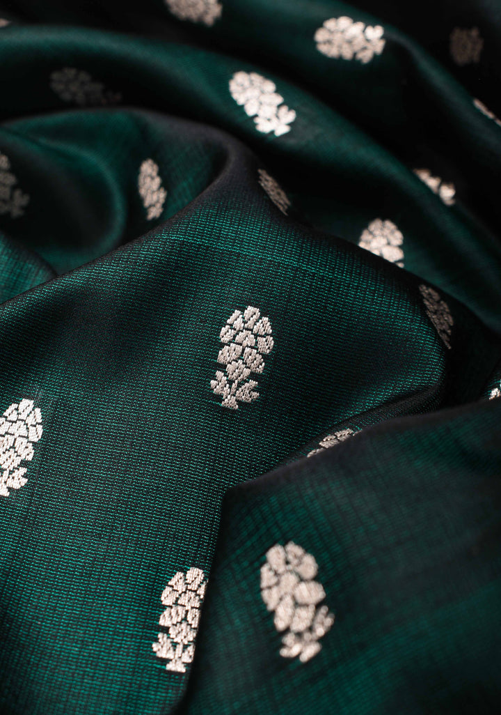 Bottle green Mashru silk with Zari butis and Scallop border | SILK MARK CERTIFIED