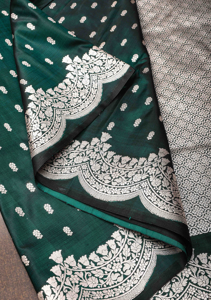 Bottle green Mashru silk with Zari butis and Scallop border | SILK MARK CERTIFIED