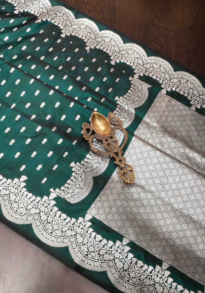 Bottle green Mashru silk with Zari butis and Scallop border | SILK MARK CERTIFIED