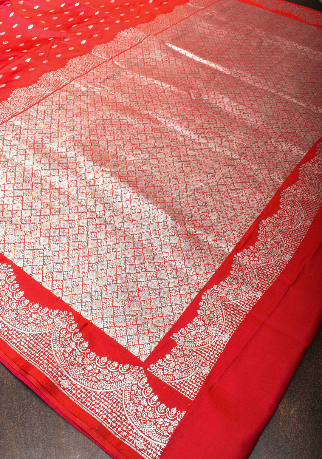 Pinkish Red Mashru silk with Zari butis and Scallop Border | SILK MARK CERTIFIED