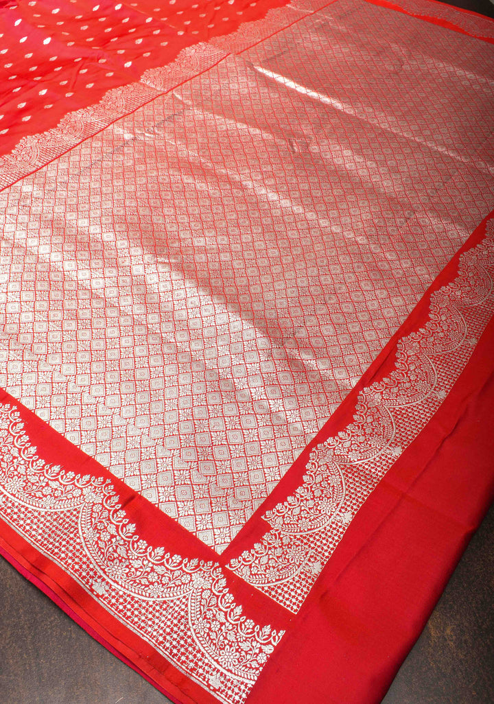 Pinkish Red Mashru silk with Zari butis and Scallop Border | SILK MARK CERTIFIED