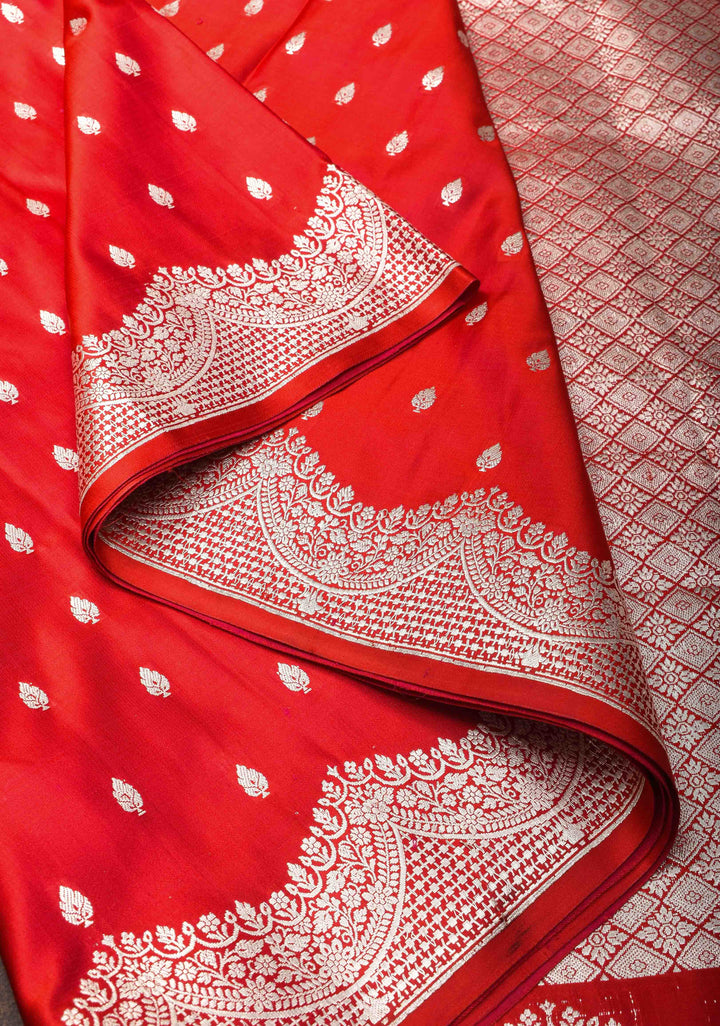 Pinkish Red Mashru silk with Zari butis and Scallop Border | SILK MARK CERTIFIED