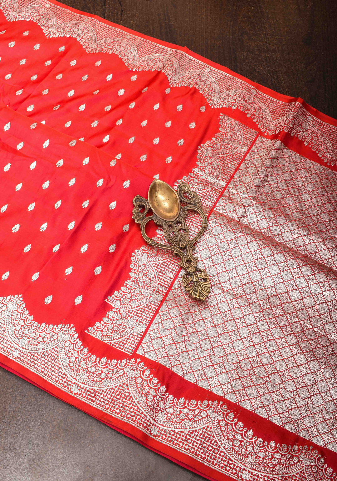 Pinkish Red Mashru silk with Zari butis and Scallop Border | SILK MARK CERTIFIED