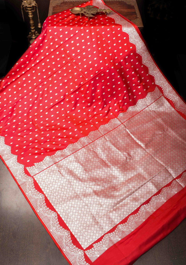 Pinkish Red Mashru silk with Zari butis and Scallop Border | SILK MARK CERTIFIED