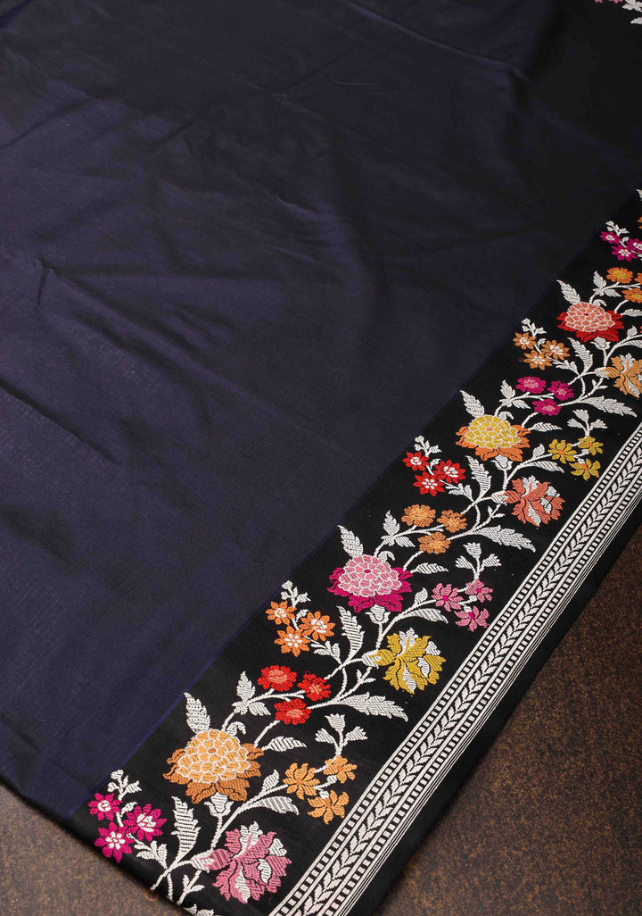 MidNight Blue Banarasi Katan Silk Saree with Meenakari Floral Border and Pallu | SILK MARK CERTIFIED
