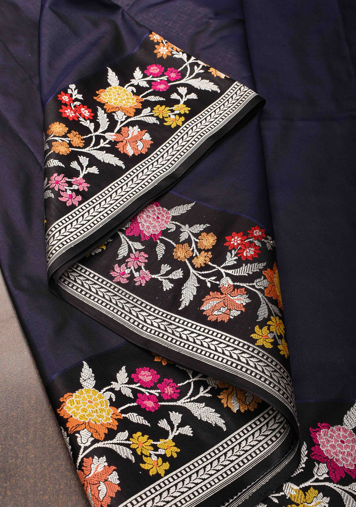 MidNight Blue Banarasi Katan Silk Saree with Meenakari Floral Border and Pallu | SILK MARK CERTIFIED