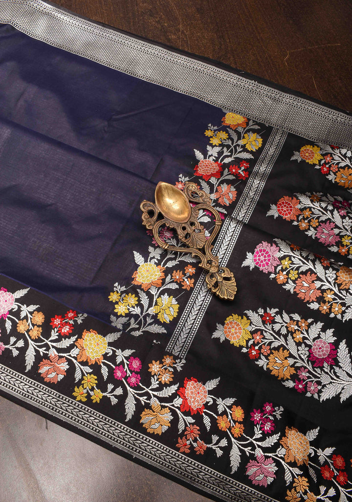 MidNight Blue Banarasi Katan Silk Saree with Meenakari Floral Border and Pallu | SILK MARK CERTIFIED