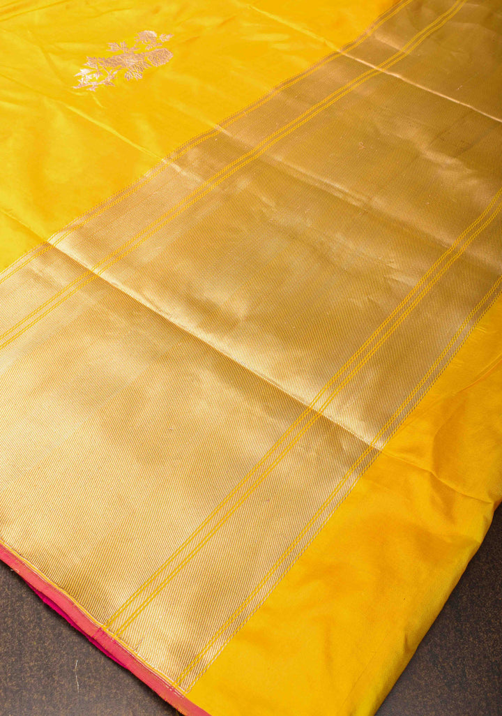 Borderless Banarasi Pure Katan Silk Saree in Yellow with Floral Motifs | SILK MARK CERTIFIED
