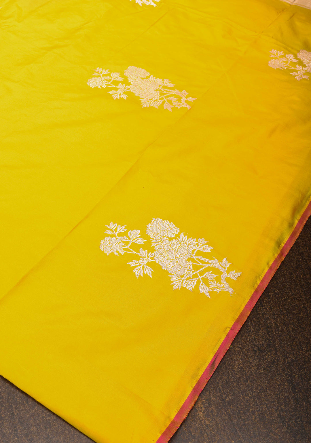 Borderless Banarasi Pure Katan Silk Saree in Yellow with Floral Motifs | SILK MARK CERTIFIED