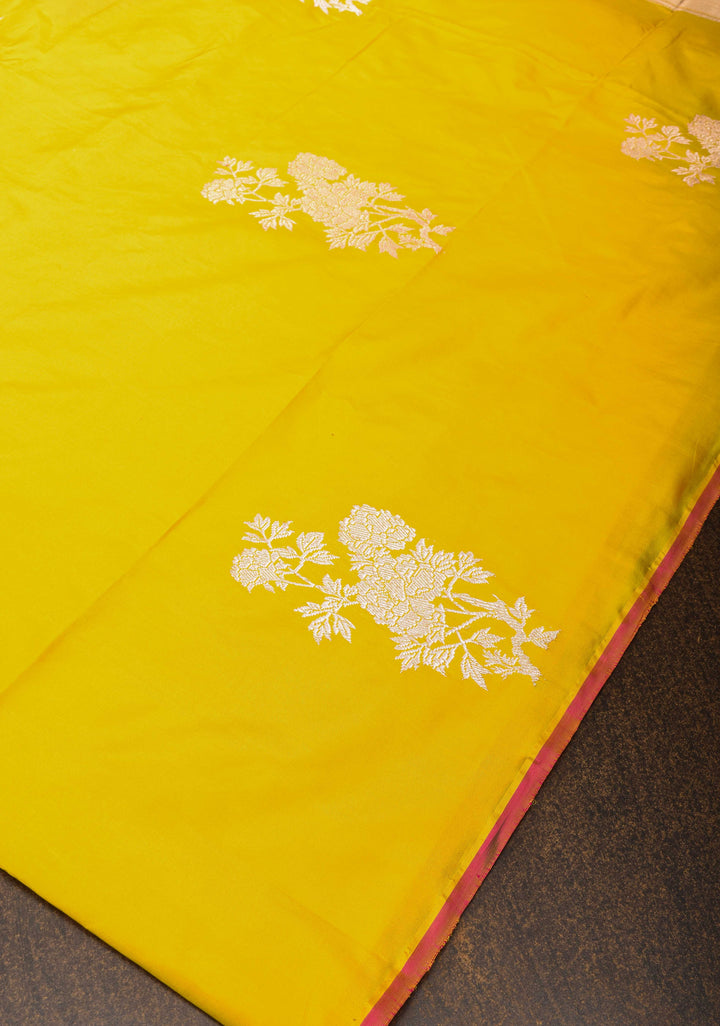 Borderless Banarasi Pure Katan Silk Saree in Yellow with Floral Motifs | SILK MARK CERTIFIED
