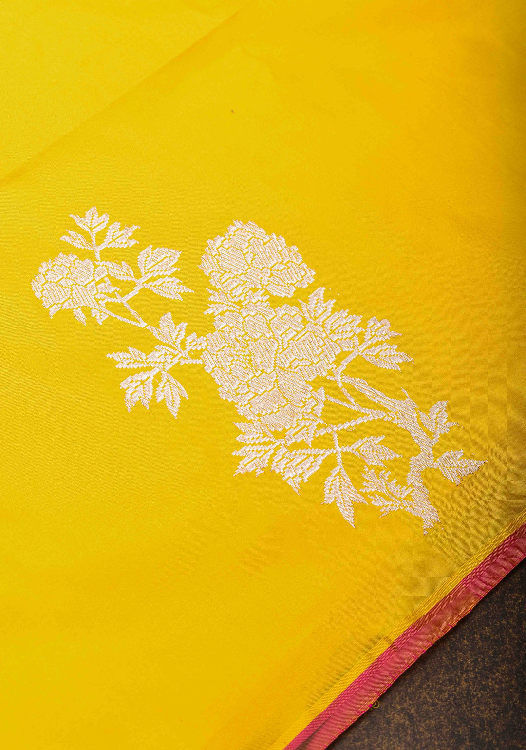 Borderless Banarasi Pure Katan Silk Saree in Yellow with Floral Motifs | SILK MARK CERTIFIED