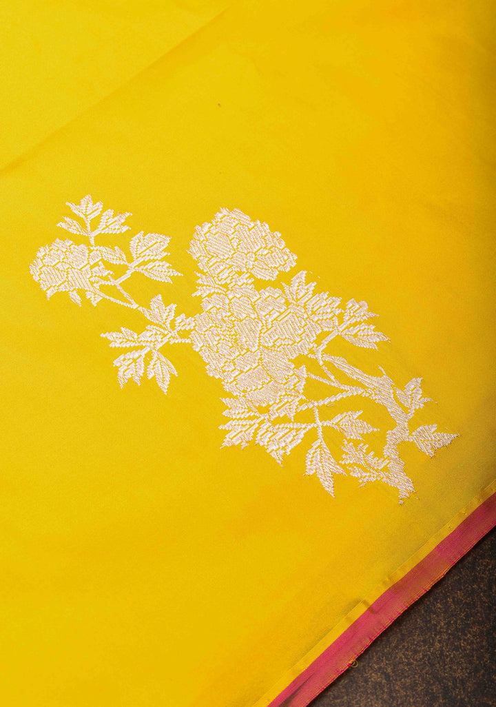 Borderless Banarasi Pure Katan Silk Saree in Yellow with Floral Motifs | SILK MARK CERTIFIED