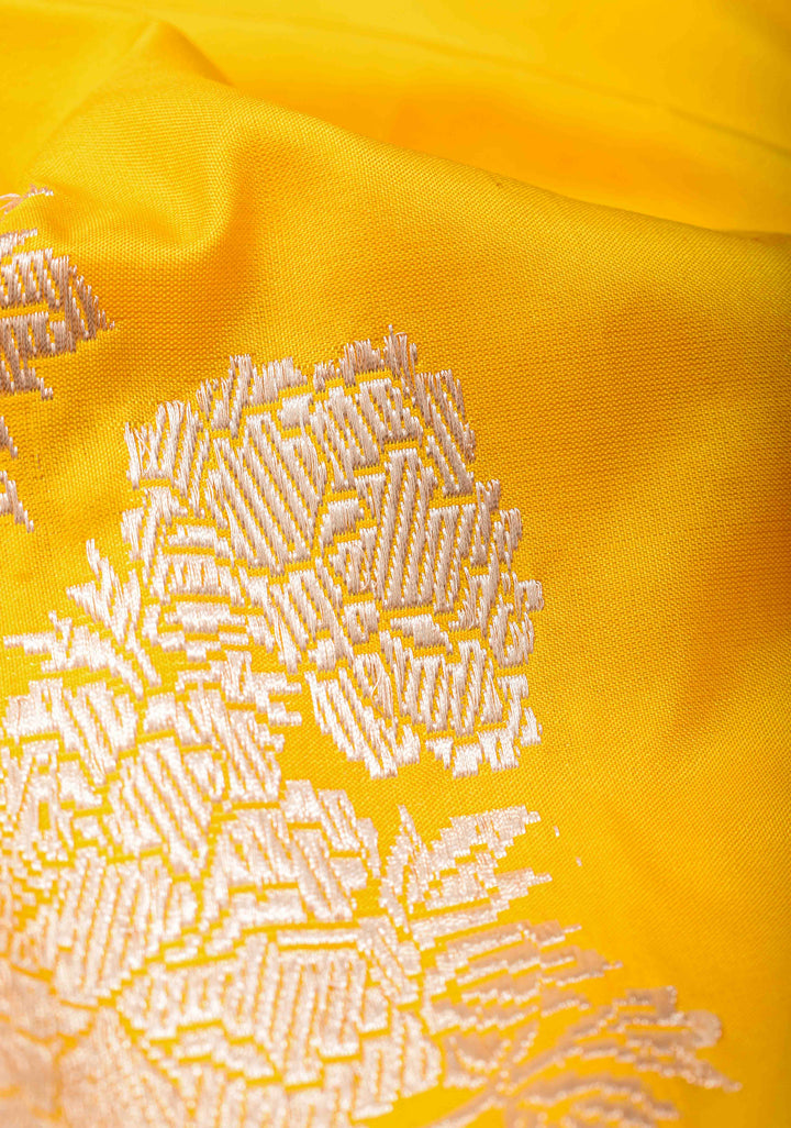 Borderless Banarasi Pure Katan Silk Saree in Yellow with Floral Motifs | SILK MARK CERTIFIED