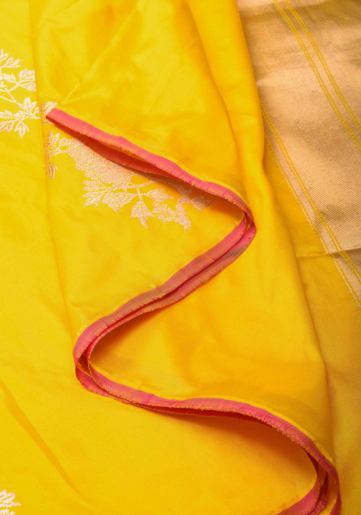 Borderless Banarasi Pure Katan Silk Saree in Yellow with Floral Motifs | SILK MARK CERTIFIED