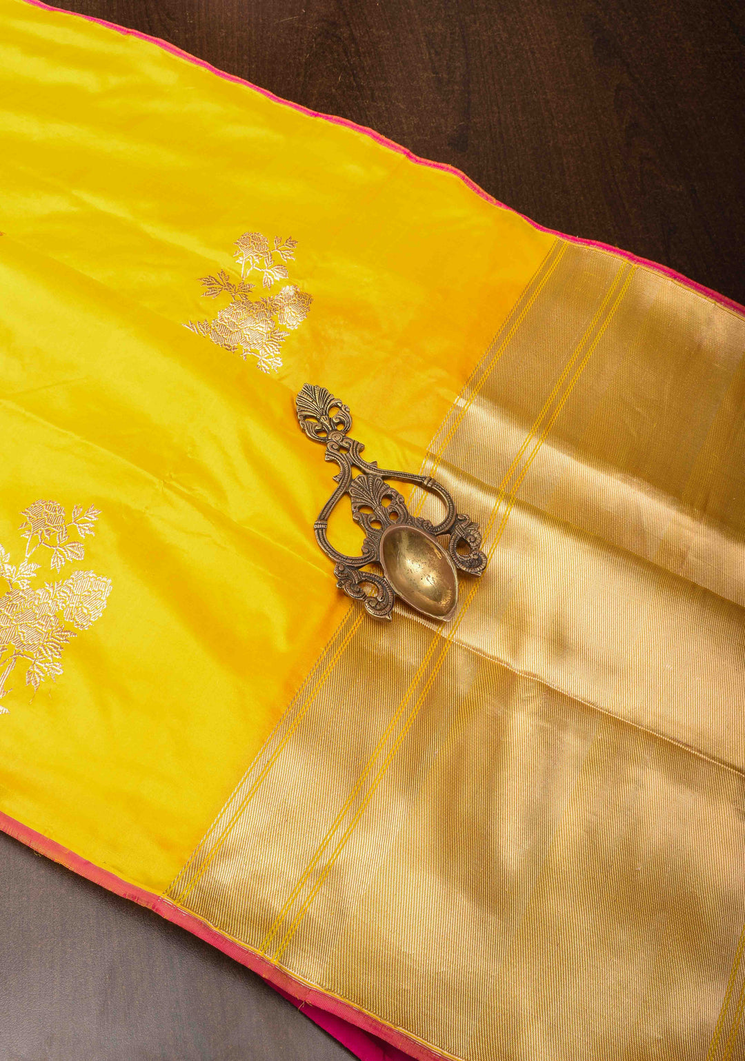 Borderless Banarasi Pure Katan Silk Saree in Yellow with Floral Motifs | SILK MARK CERTIFIED