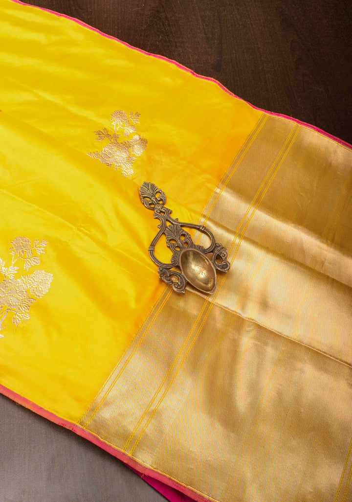 Borderless Banarasi Pure Katan Silk Saree in Yellow with Floral Motifs | SILK MARK CERTIFIED
