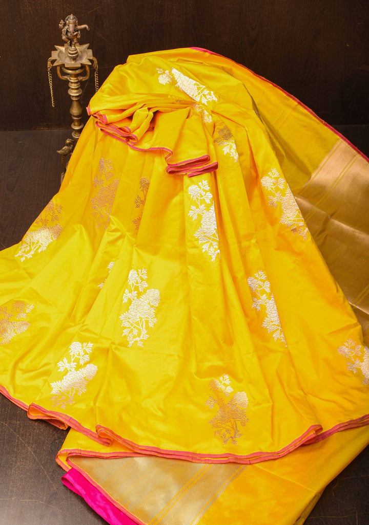 Borderless Banarasi Pure Katan Silk Saree in Yellow with Floral Motifs | SILK MARK CERTIFIED