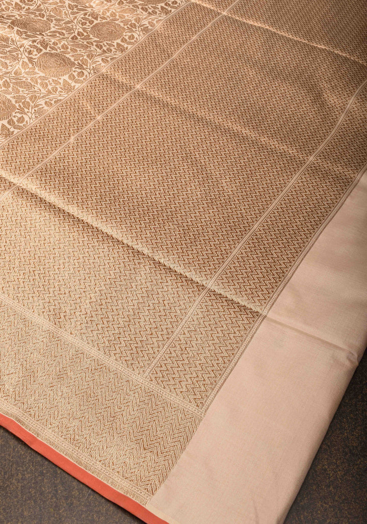 Beige Banarasi Katan Silk Saree with Antique Floral Brocade  and Zari Borders | SILK MARK CERTIFIED