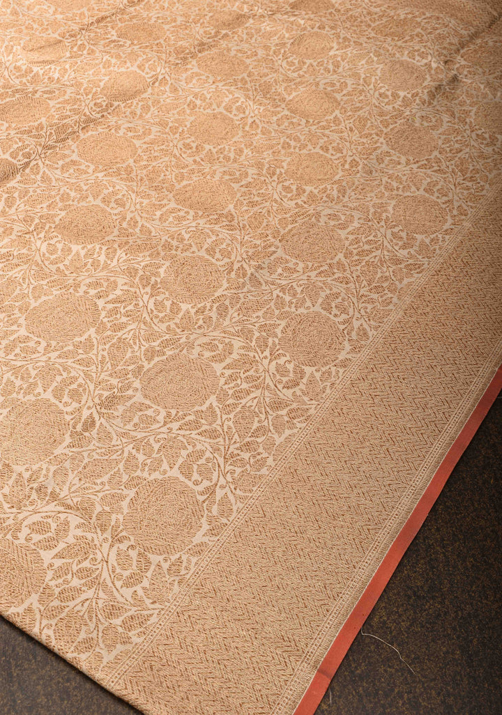 Beige Banarasi Katan Silk Saree with Antique Floral Brocade  and Zari Borders | SILK MARK CERTIFIED
