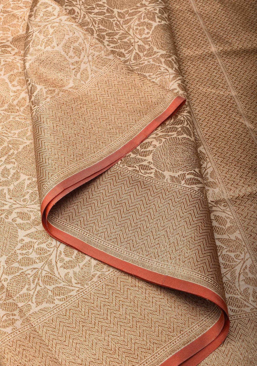 Beige Banarasi Katan Silk Saree with Antique Floral Brocade  and Zari Borders | SILK MARK CERTIFIED