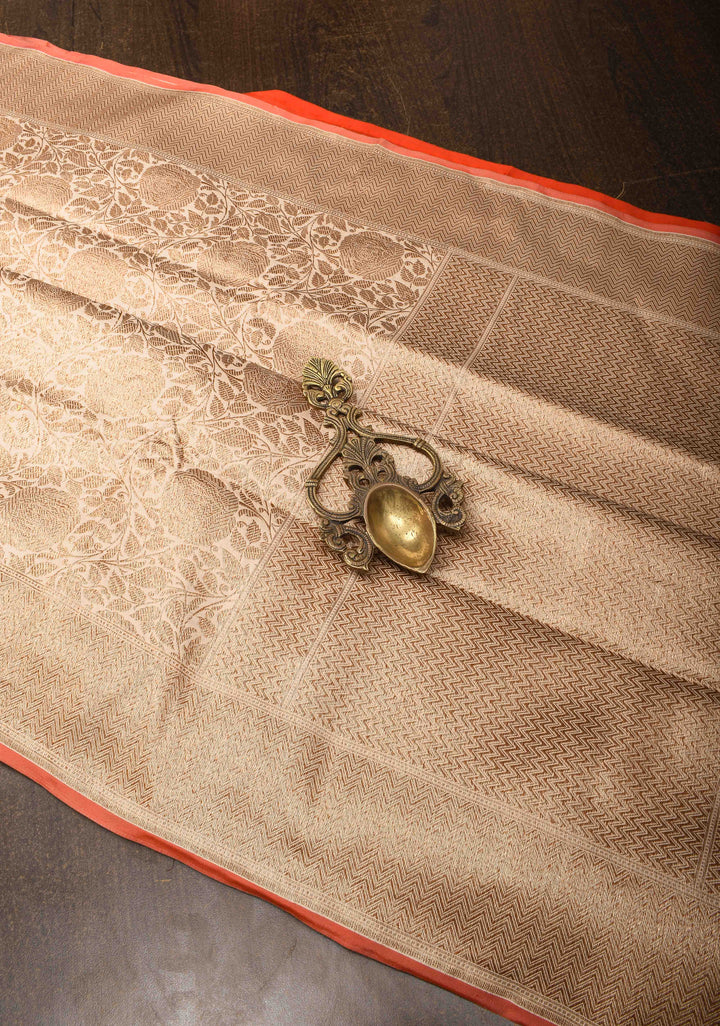Beige Banarasi Katan Silk Saree with Antique Floral Brocade  and Zari Borders | SILK MARK CERTIFIED