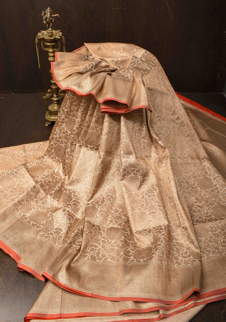 Beige Banarasi Katan Silk Saree with Antique Floral Brocade  and Zari Borders | SILK MARK CERTIFIED