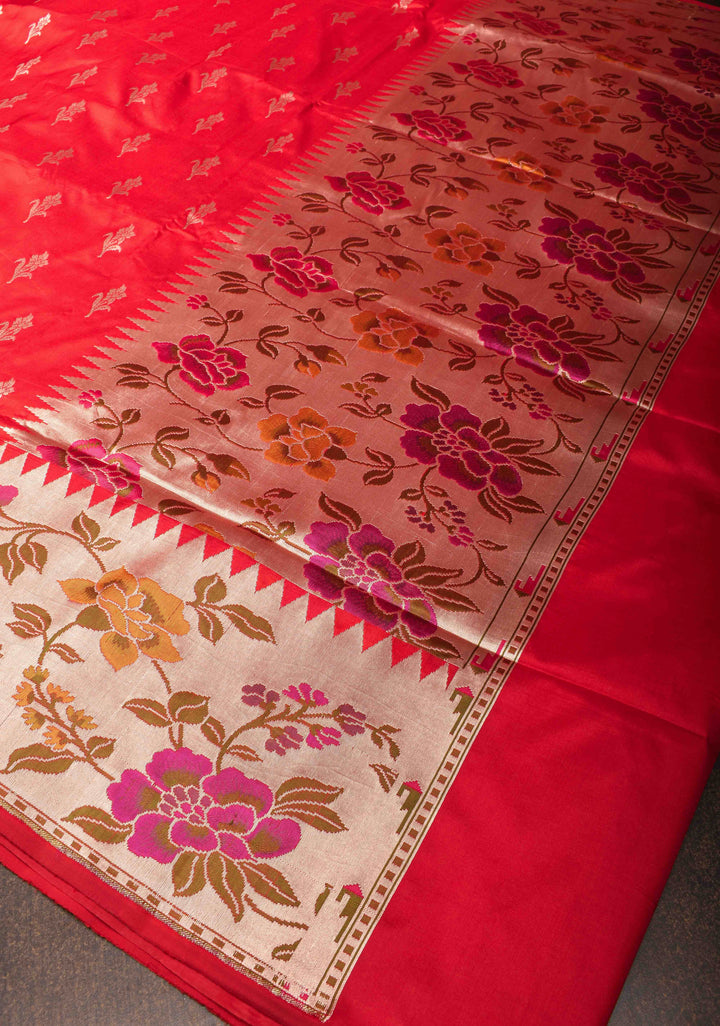 Red Pure Banarasi Katan Silk Saree with floral Butta and Paithani Style Borders | SILK MARK CERTIFIED