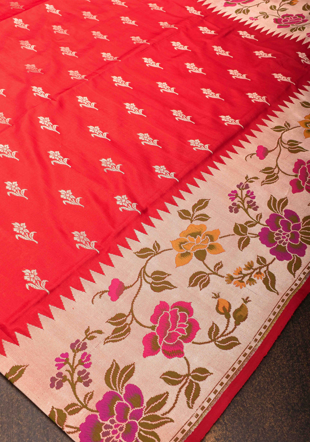 Red Pure Banarasi Katan Silk Saree with floral Butta and Paithani Style Borders | SILK MARK CERTIFIED