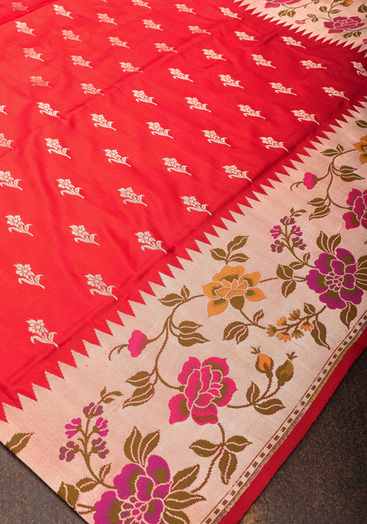 Red Pure Banarasi Katan Silk Saree with floral Butta and Paithani Style Borders | SILK MARK CERTIFIED