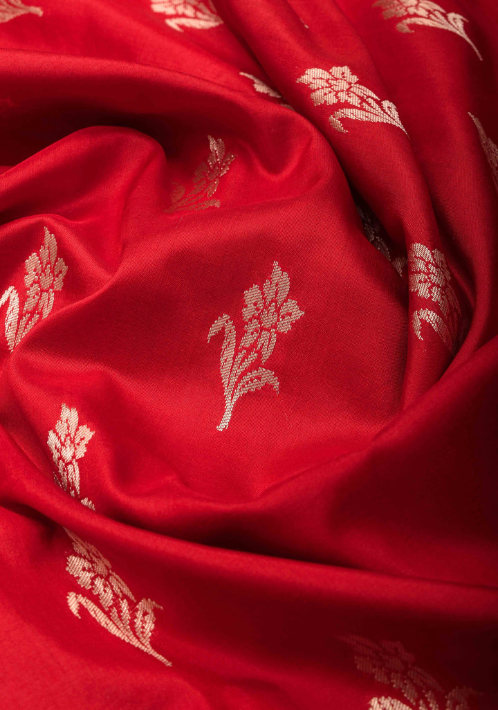 Red Pure Banarasi Katan Silk Saree with floral Butta and Paithani Style Borders | SILK MARK CERTIFIED