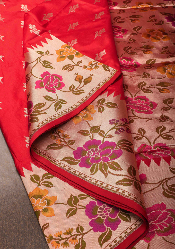Red Pure Banarasi Katan Silk Saree with floral Butta and Paithani Style Borders | SILK MARK CERTIFIED