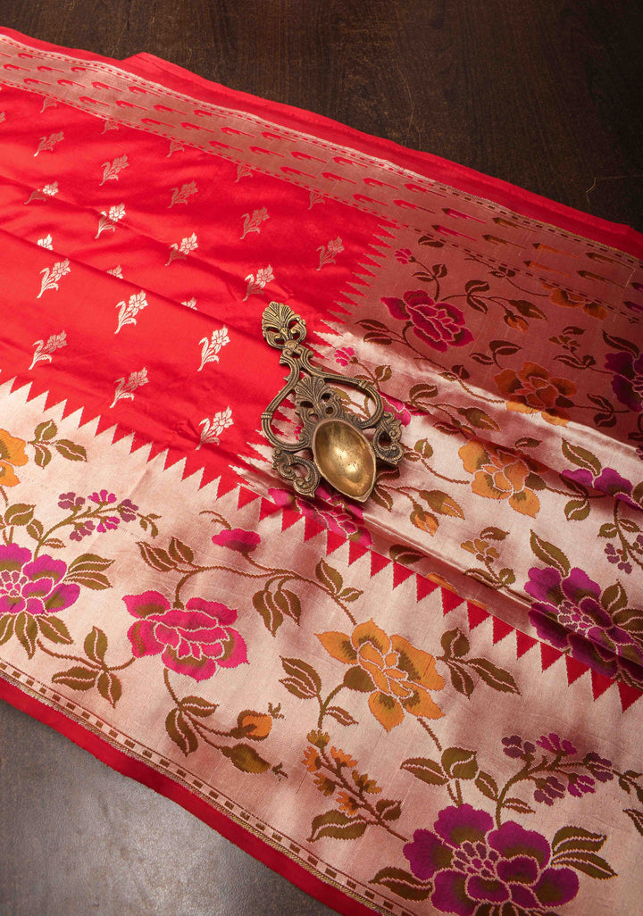 Red Pure Banarasi Katan Silk Saree with floral Butta and Paithani Style Borders | SILK MARK CERTIFIED