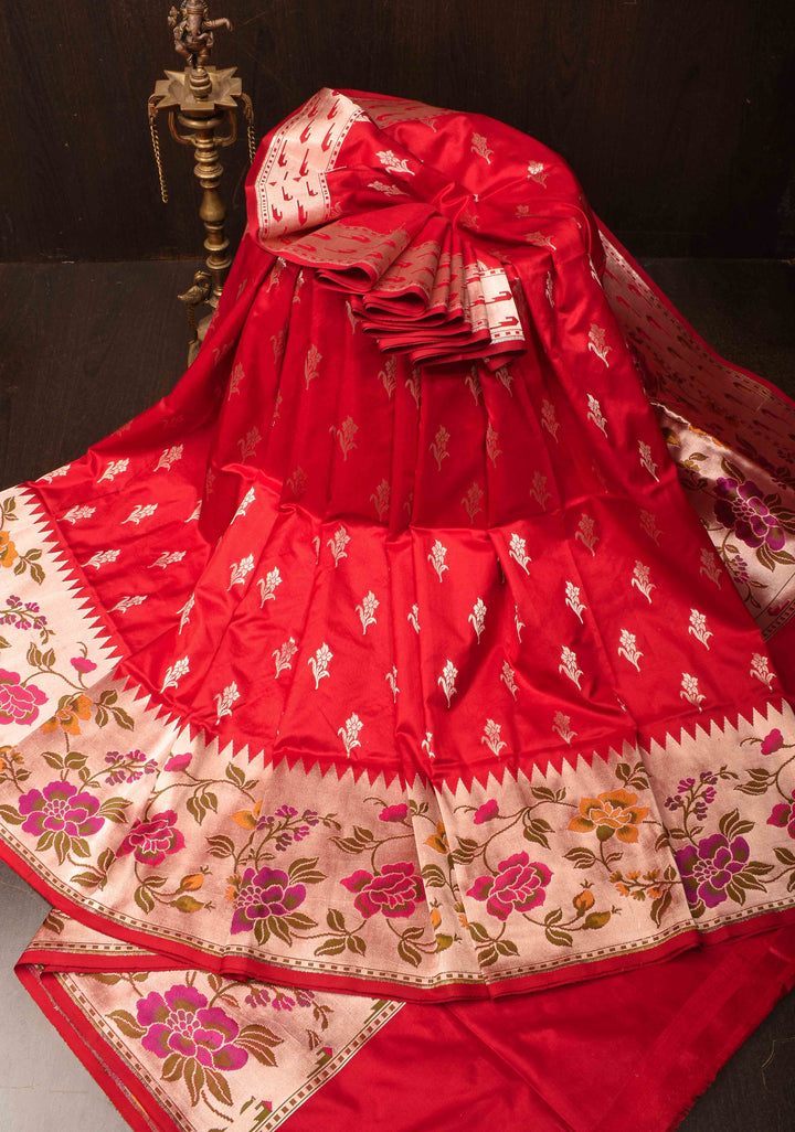 Red Pure Banarasi Katan Silk Saree with floral Butta and Paithani Style Borders | SILK MARK CERTIFIED