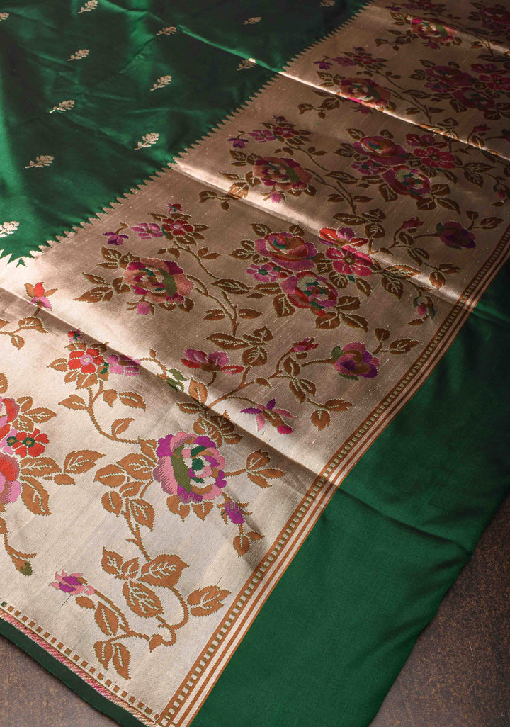 Dark Green Pure Mashru Silk Saree with Floral Buttas and Paithani Style Border | Silk Mark Certified