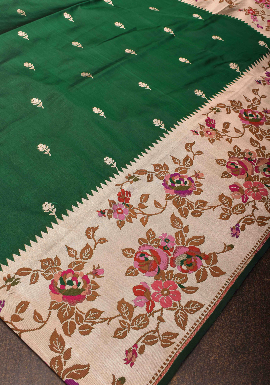 Dark Green Pure Mashru Silk Saree with Floral Buttas and Paithani Style Border | Silk Mark Certified