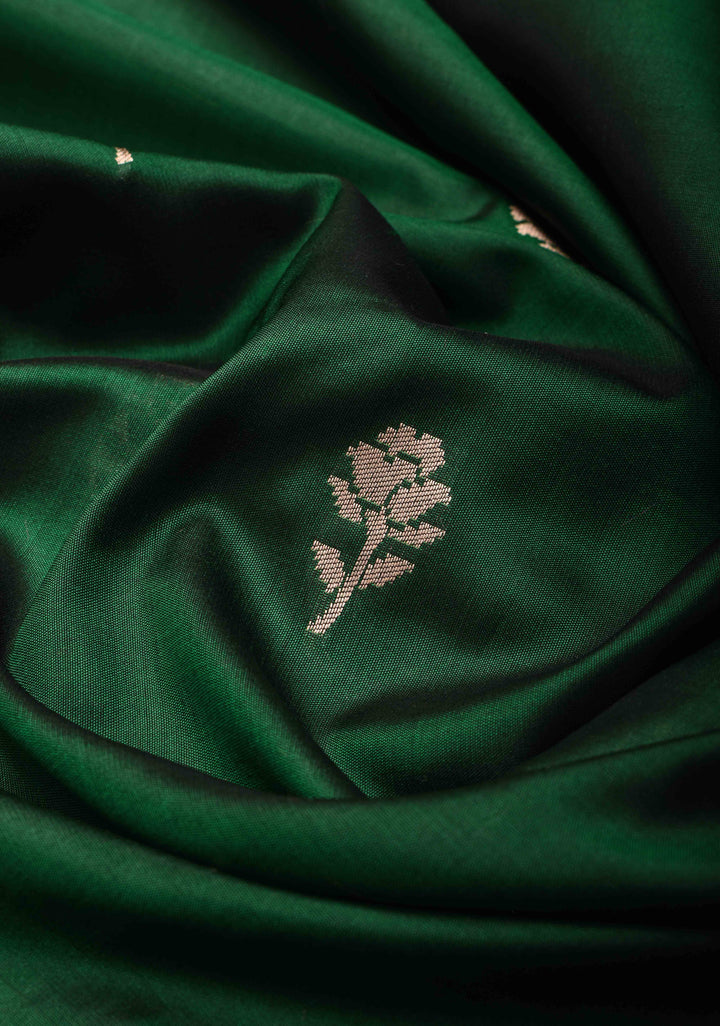 Dark Green Pure Mashru Silk Saree with Floral Buttas and Paithani Style Border | Silk Mark Certified