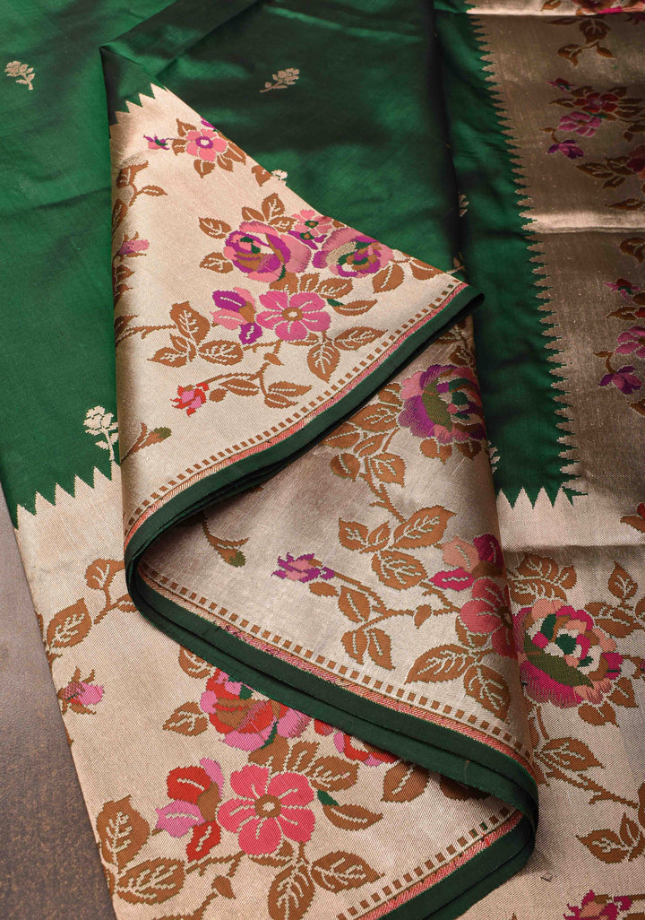 Dark Green Pure Mashru Silk Saree with Floral Buttas and Paithani Style Border | Silk Mark Certified