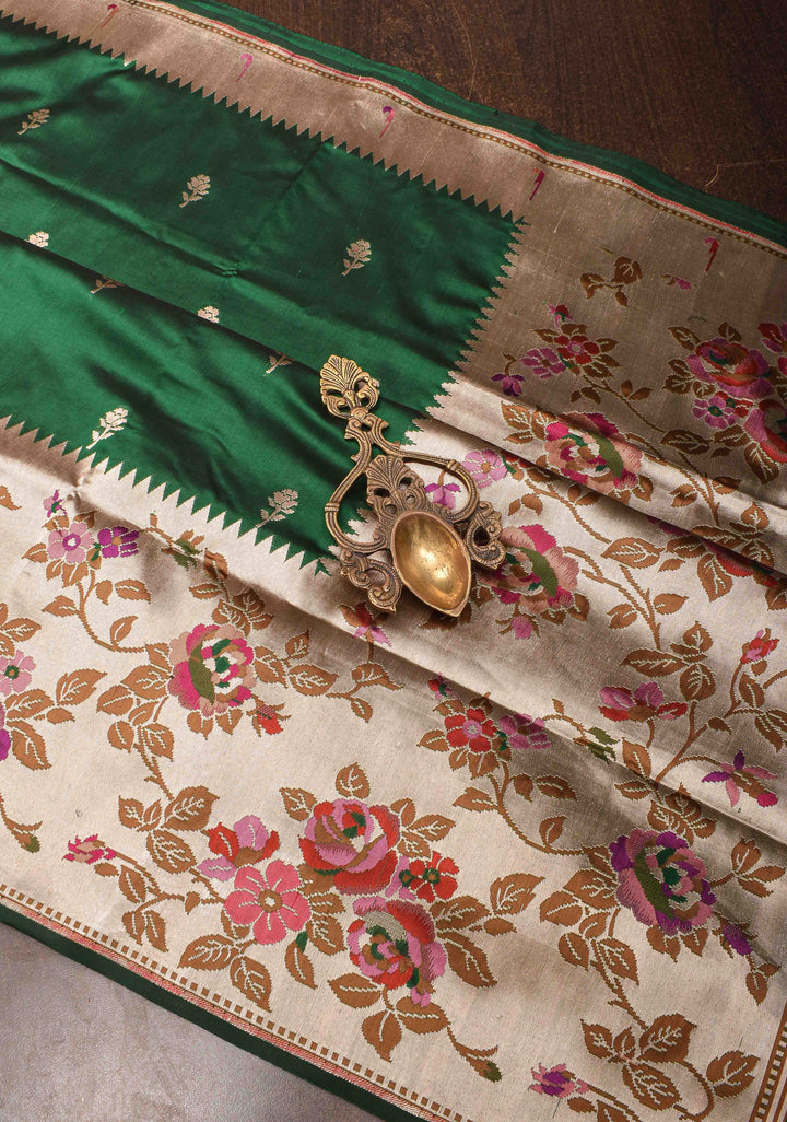 Dark Green Pure Mashru Silk Saree with Floral Buttas and Paithani Style Border | Silk Mark Certified