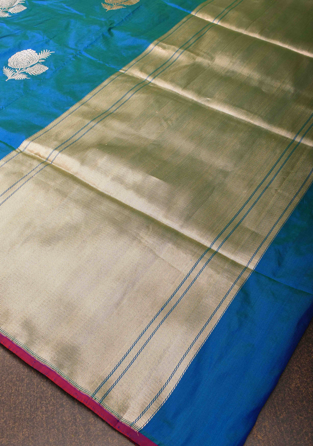 Borderless Banarasi Pure Katan Silk Saree in Peacock Dual Tone with Sona Rupa Floral Motifs | SILK MARK CERTIFIED