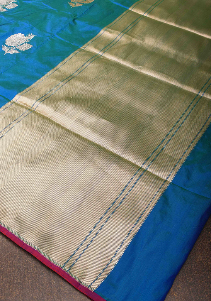 Borderless Banarasi Pure Katan Silk Saree in Peacock Dual Tone with Sona Rupa Floral Motifs | SILK MARK CERTIFIED